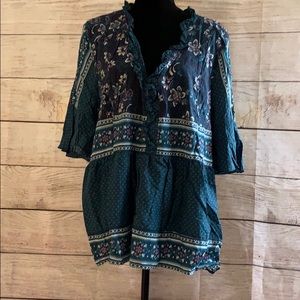 Green, Purple & White Cotton Peplum Blouse